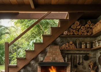 7 Inspirasi Desain Dapur Bawah Tangga Rustic dengan Rak Kayu Terbuka Menarik