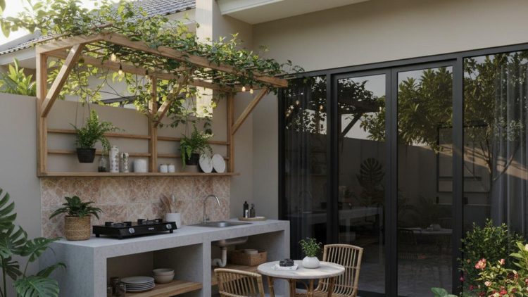 Desain Halaman Belakang Rumah Kecil Sederhana dengan Dapur Fungsional dan Estetik