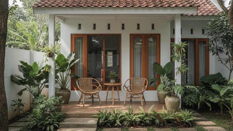 8 Model Rumah Kecil Luas dengan Tanaman Daun Lebar di Teras Depan yang Asri